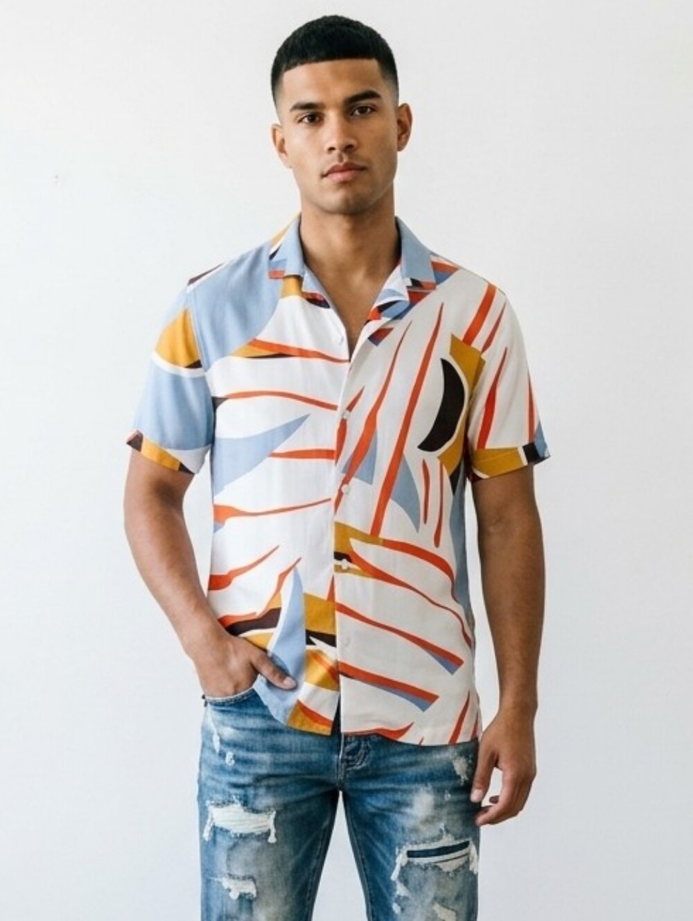 Denim & Flower Mens Retro Abstract Geometric Camp Shirt Blue Small